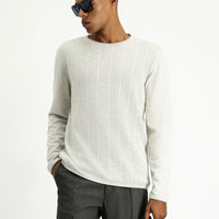 Light Grey Crew Neck Slim Fit Narrow Cut Patterned Cotton Knit Sweater