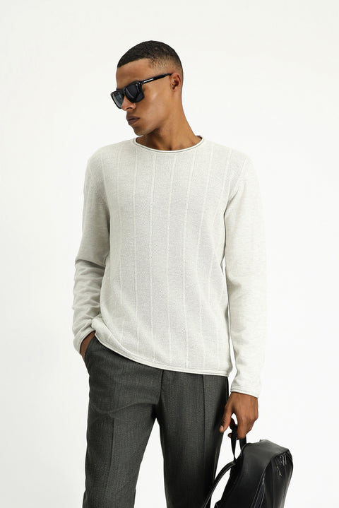 Light Grey Crew Neck Slim Fit Narrow Cut Patterned Cotton Knit Sweater