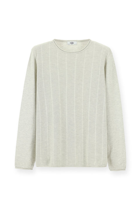 Light Grey Crew Neck Slim Fit Narrow Cut Patterned Cotton Knit Sweater