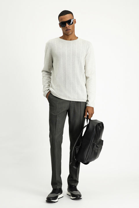 Light Grey Crew Neck Slim Fit Narrow Cut Patterned Cotton Knit Sweater