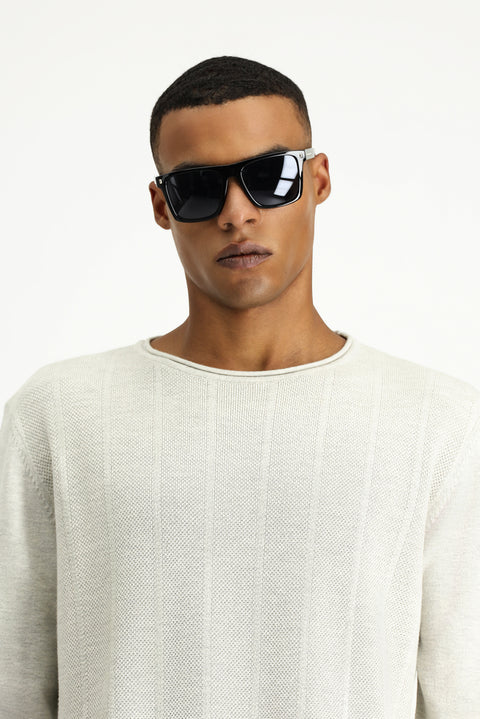 Light Grey Crew Neck Slim Fit Narrow Cut Patterned Cotton Knit Sweater