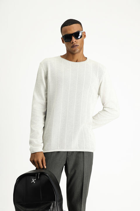 Light Grey Crew Neck Slim Fit Narrow Cut Patterned Cotton Knit Sweater