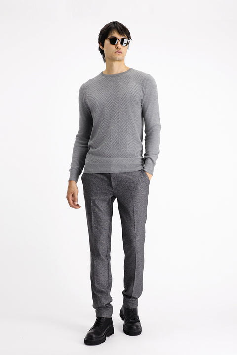 Medium Grey Melange Crew Neck Slim Fit Patterned Cotton Knit Sweater