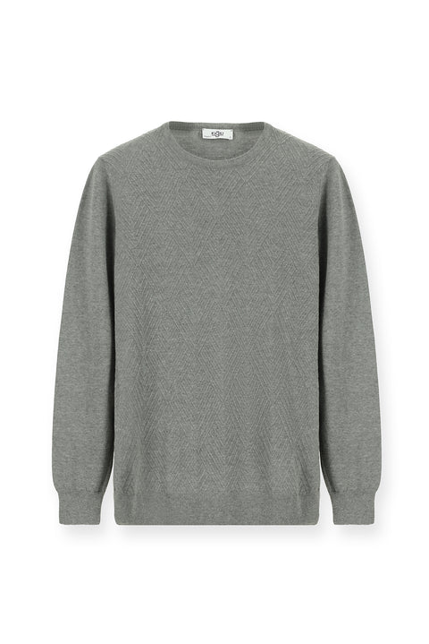 Medium Grey Melange Crew Neck Slim Fit Patterned Cotton Knit Sweater