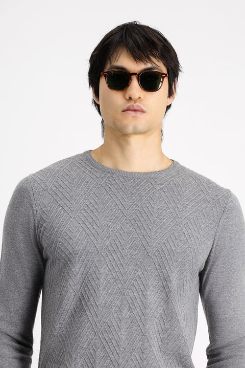 Medium Grey Melange Crew Neck Slim Fit Patterned Cotton Knit Sweater