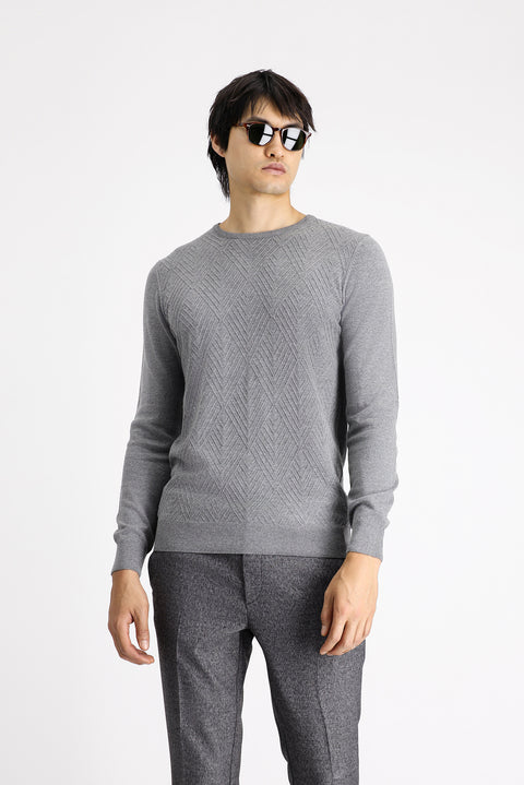 Medium Grey Melange Crew Neck Slim Fit Patterned Cotton Knit Sweater