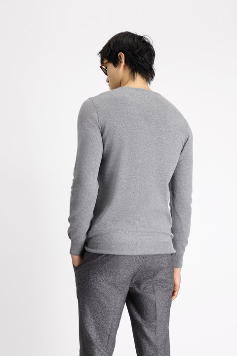 Medium Grey Melange Crew Neck Slim Fit Patterned Cotton Knit Sweater