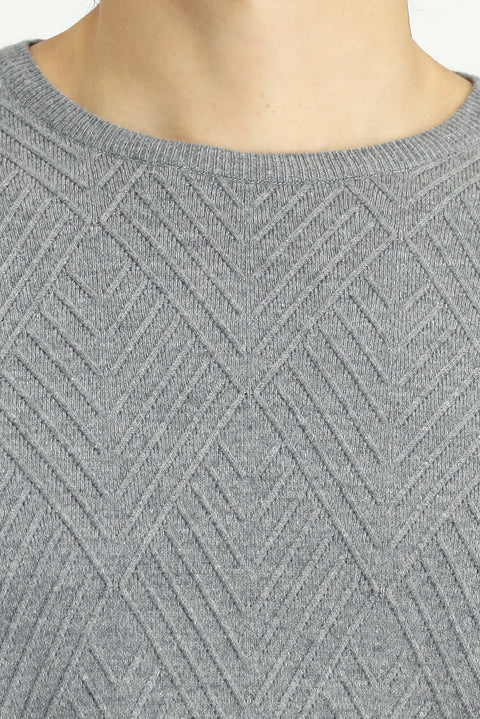 Medium Grey Melange Crew Neck Slim Fit Patterned Cotton Knit Sweater