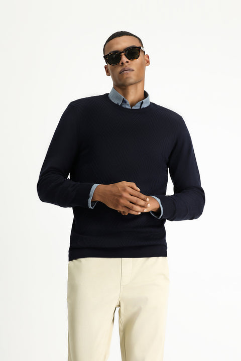 Dark Navy Crew Neck Slim Fit Patterned Cotton Knit Sweater