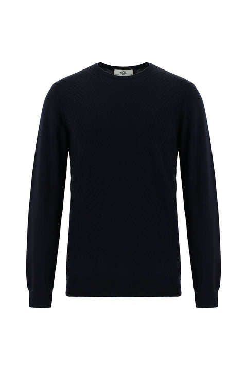 Dark Navy Crew Neck Slim Fit Patterned Cotton Knit Sweater