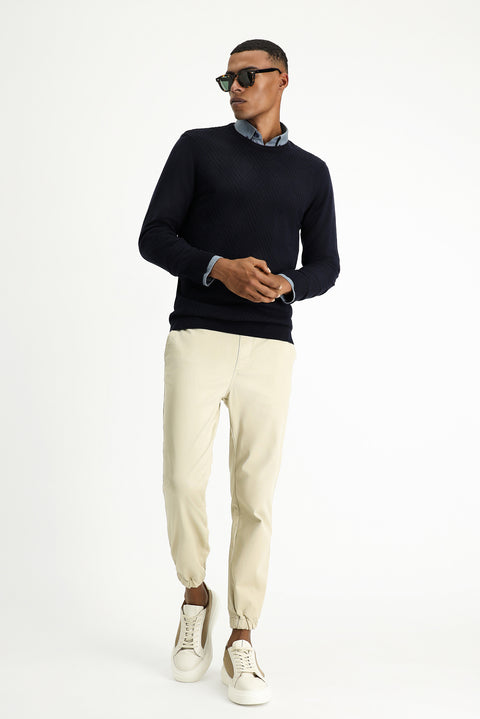 Dark Navy Crew Neck Slim Fit Patterned Cotton Knit Sweater