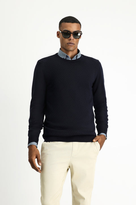 Dark Navy Crew Neck Slim Fit Patterned Cotton Knit Sweater