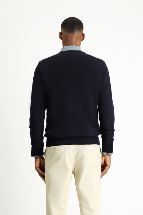 Dark Navy Crew Neck Slim Fit Patterned Cotton Knit Sweater