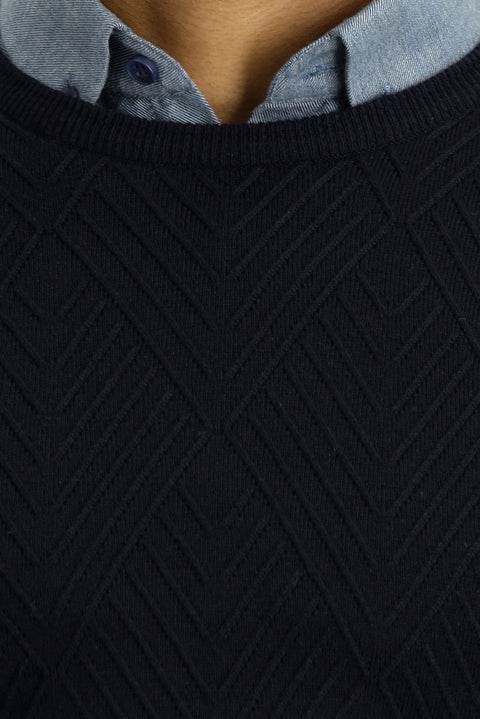 Dark Navy Crew Neck Slim Fit Patterned Cotton Knit Sweater