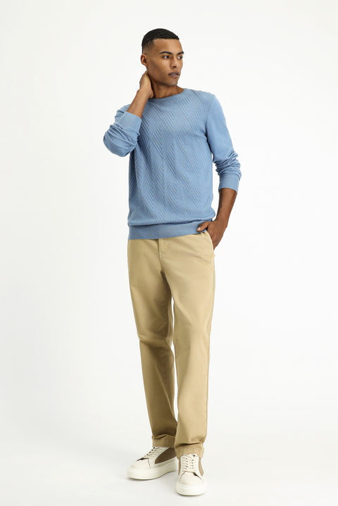 Aviator Blue Crew Neck Slim Fit Patterned Cotton Knit Sweater