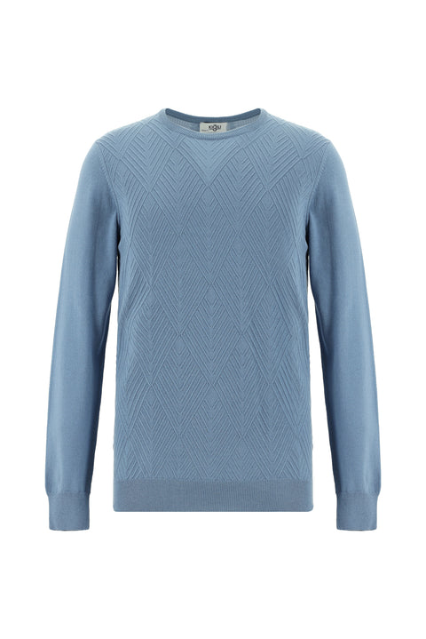 Aviator Blue Crew Neck Slim Fit Patterned Cotton Knit Sweater