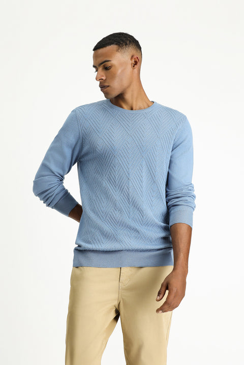 Aviator Blue Crew Neck Slim Fit Patterned Cotton Knit Sweater
