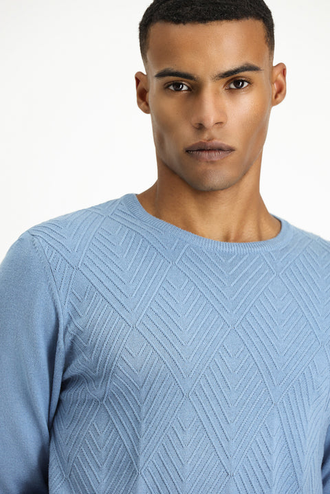 Aviator Blue Crew Neck Slim Fit Patterned Cotton Knit Sweater