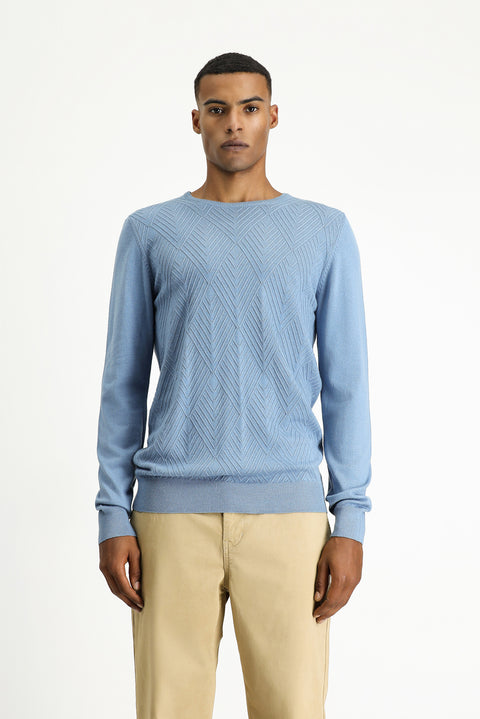 Aviator Blue Crew Neck Slim Fit Patterned Cotton Knit Sweater