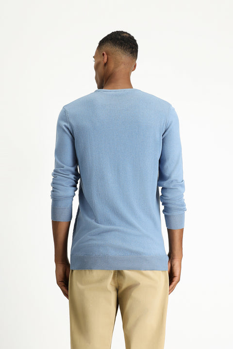Aviator Blue Crew Neck Slim Fit Patterned Cotton Knit Sweater