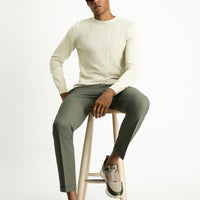 Light Beige Crew Neck Slim Fit Patterned Cotton Knit Sweater