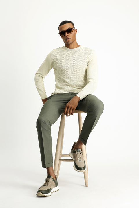 Light Beige Crew Neck Slim Fit Patterned Cotton Knit Sweater
