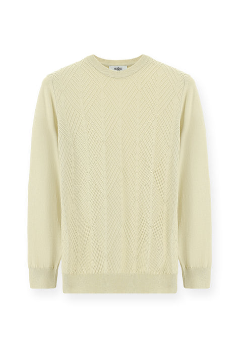 Light Beige Crew Neck Slim Fit Patterned Cotton Knit Sweater