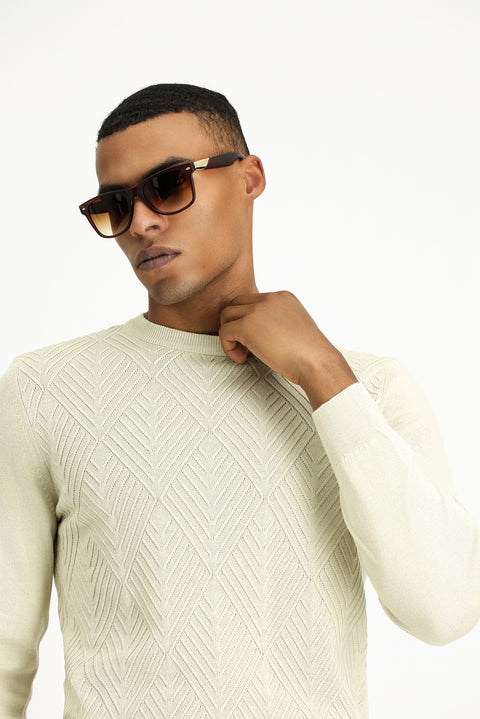 Light Beige Crew Neck Slim Fit Patterned Cotton Knit Sweater