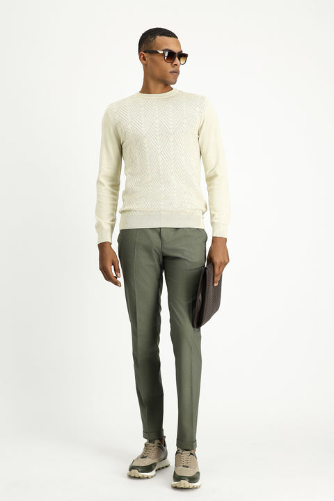 Light Beige Crew Neck Slim Fit Patterned Cotton Knit Sweater
