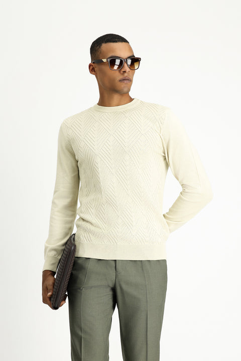Light Beige Crew Neck Slim Fit Patterned Cotton Knit Sweater