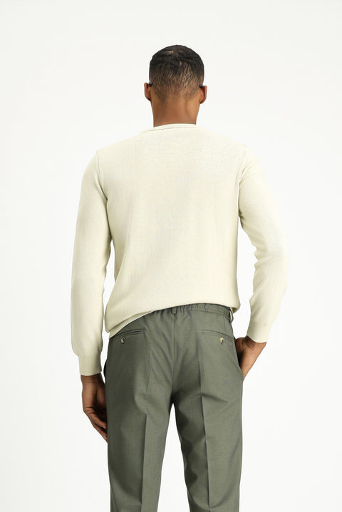 Light Beige Crew Neck Slim Fit Patterned Cotton Knit Sweater