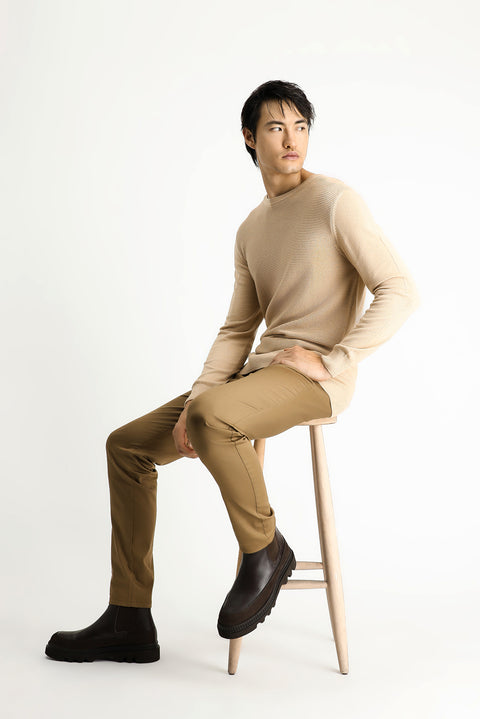 Medium Beige Crew Neck Regular Fit Patterned Cotton Knit Sweater