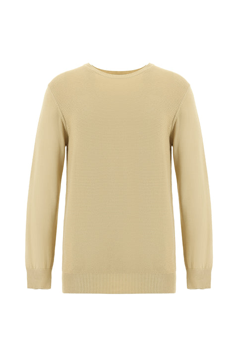 Medium Beige Crew Neck Regular Fit Patterned Cotton Knit Sweater