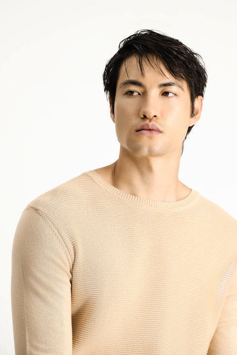 Medium Beige Crew Neck Regular Fit Patterned Cotton Knit Sweater