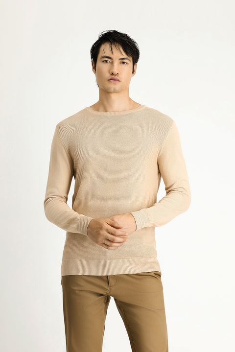 Medium Beige Crew Neck Regular Fit Patterned Cotton Knit Sweater
