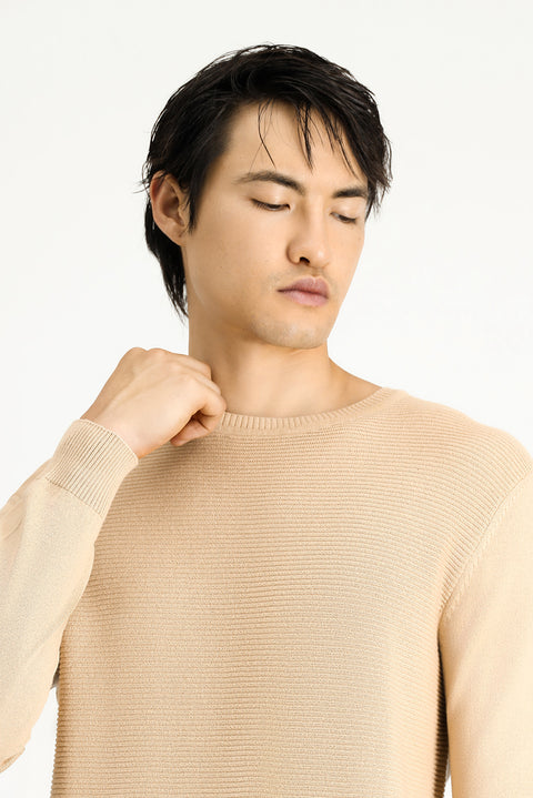 Medium Beige Crew Neck Regular Fit Patterned Cotton Knit Sweater