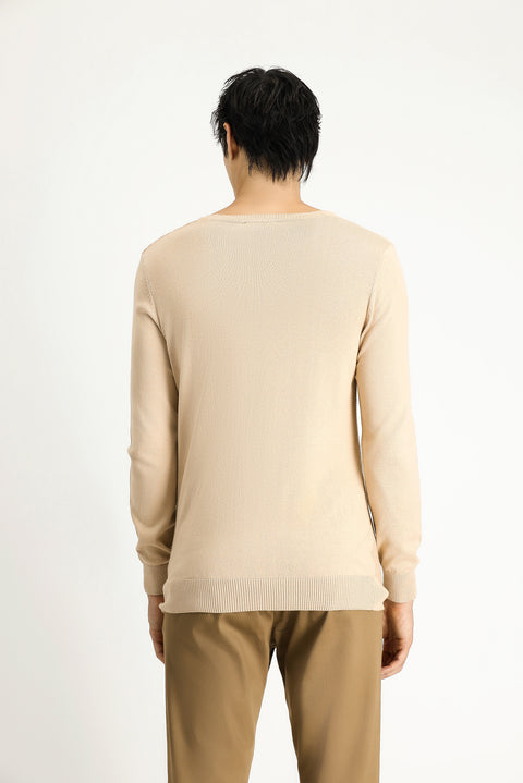 Medium Beige Crew Neck Regular Fit Patterned Cotton Knit Sweater