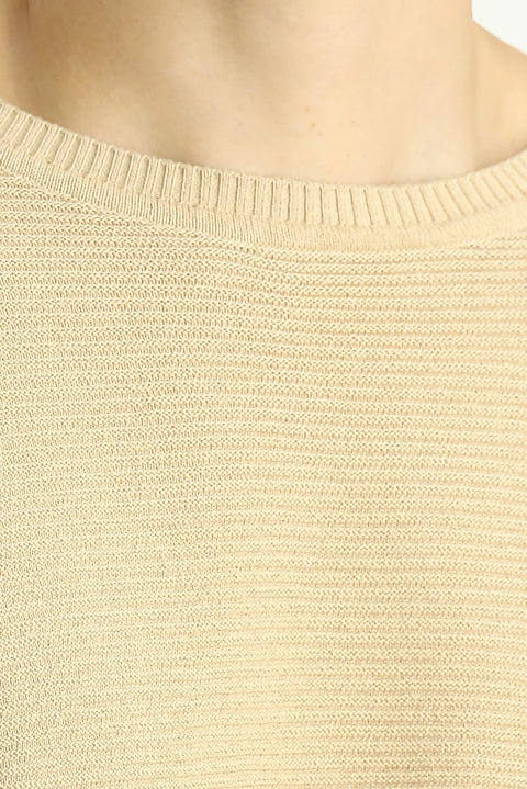 Medium Beige Crew Neck Regular Fit Patterned Cotton Knit Sweater