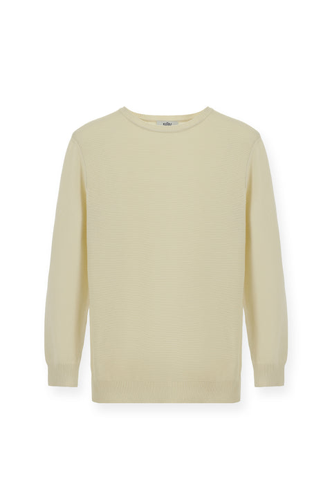Off-white crew neck regular fit patterned cotton knit sweater.