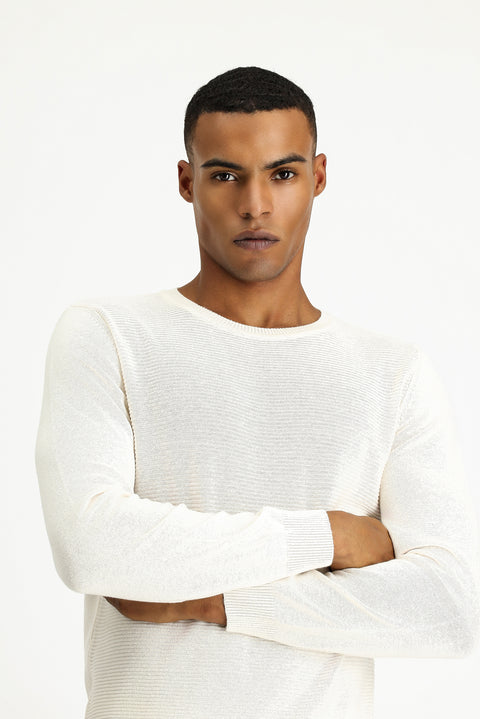 Off-white crew neck regular fit patterned cotton knit sweater.