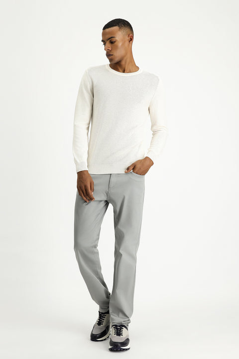 Off-white crew neck regular fit patterned cotton knit sweater.