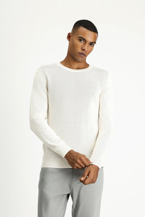 Off-white crew neck regular fit patterned cotton knit sweater.