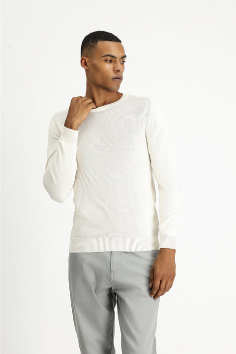 Off-white crew neck regular fit patterned cotton knit sweater.