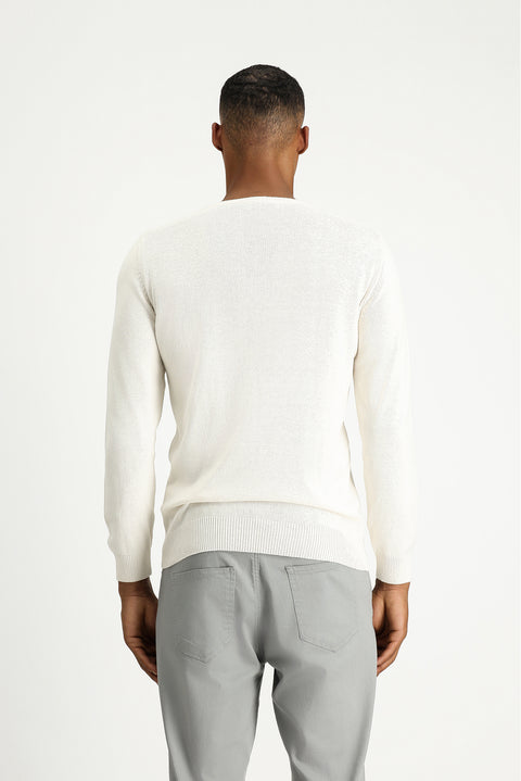 Off-white crew neck regular fit patterned cotton knit sweater.