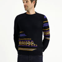 Dark Navy Crew Neck Regular Fit Patterned Cotton Knit Sweater