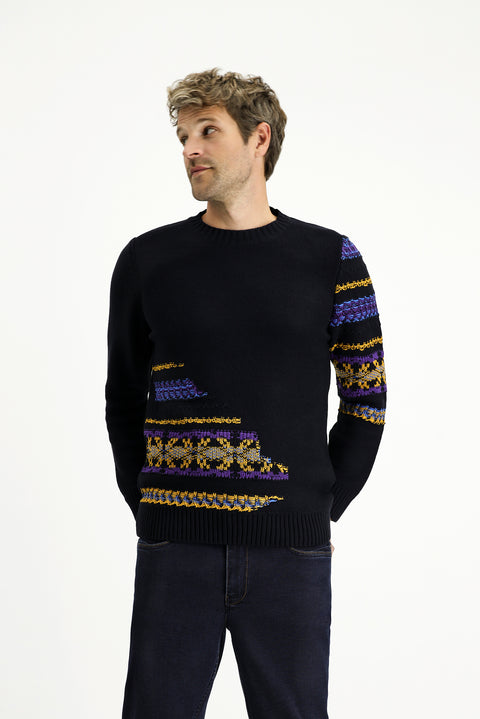 Dark Navy Crew Neck Regular Fit Patterned Cotton Knit Sweater