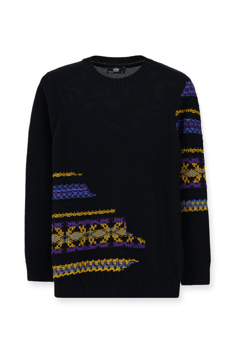 Dark Navy Crew Neck Regular Fit Patterned Cotton Knit Sweater