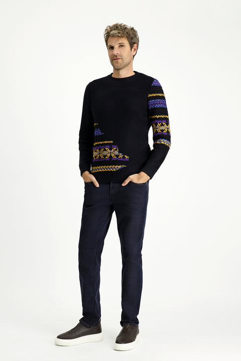 Dark Navy Crew Neck Regular Fit Patterned Cotton Knit Sweater