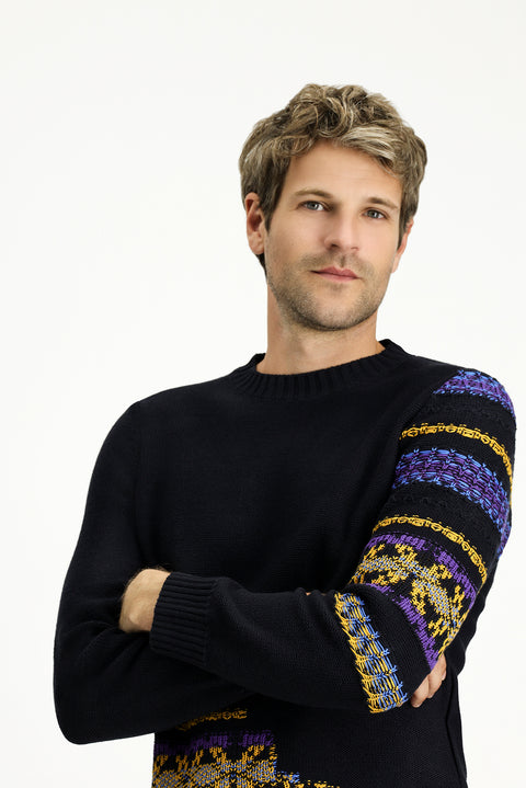 Dark Navy Crew Neck Regular Fit Patterned Cotton Knit Sweater
