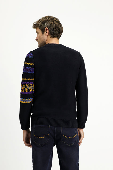 Dark Navy Crew Neck Regular Fit Patterned Cotton Knit Sweater